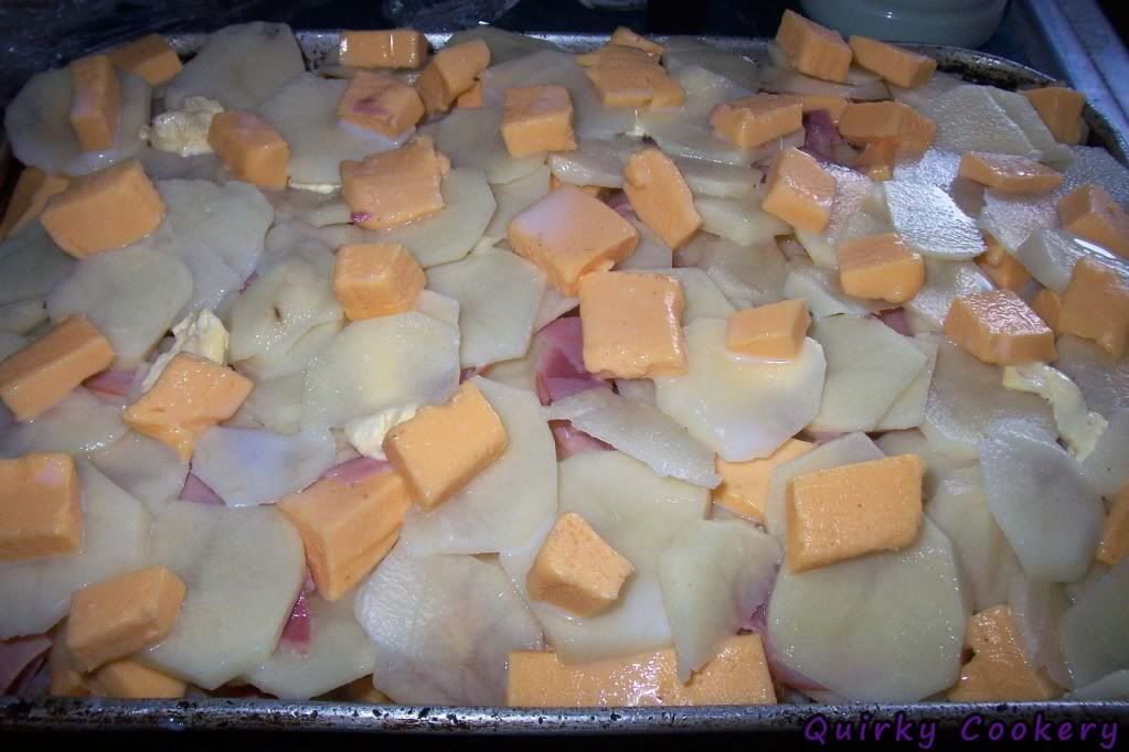 Layers and layers of scalloped potatoes before cooked