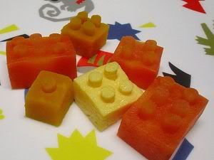 Leggo blocks made out of carrots, potato, squash, rutabaga, etc, and sometimes even tofu. 