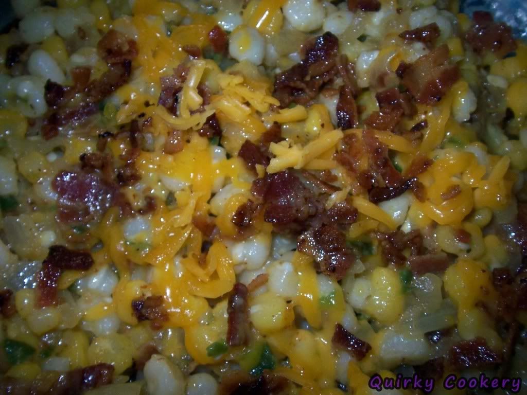 Fried and then baked cheesy hominy casserole