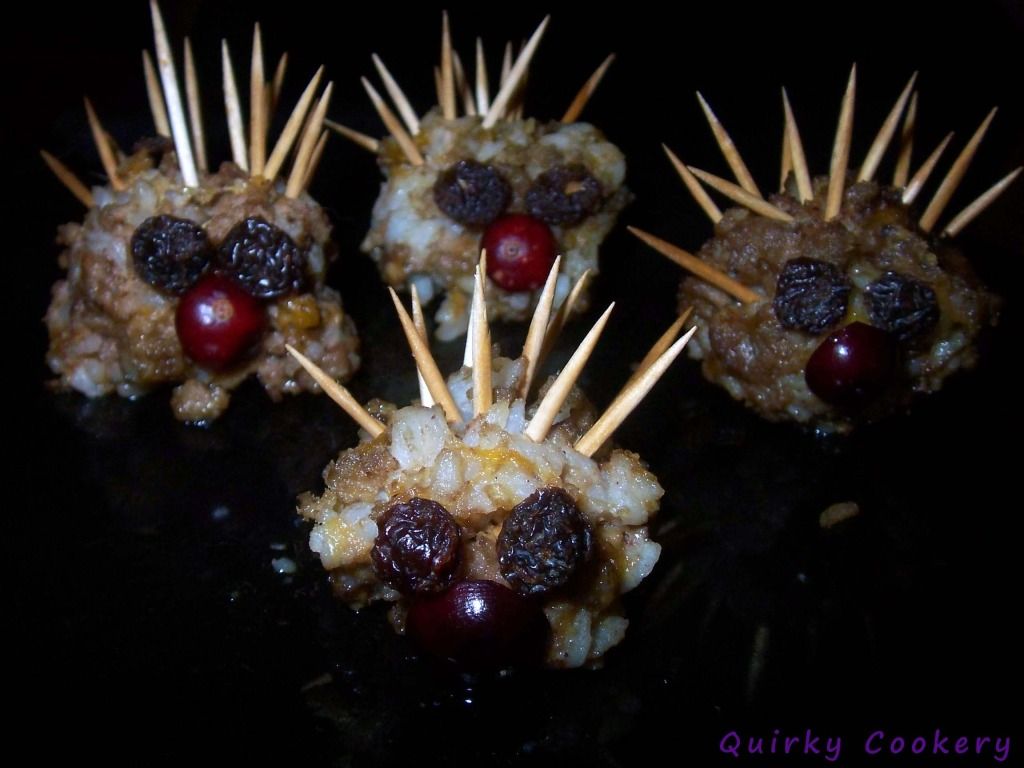 Porcupine meatballs with rice, cheese, ground beef shaped to look like real animal 