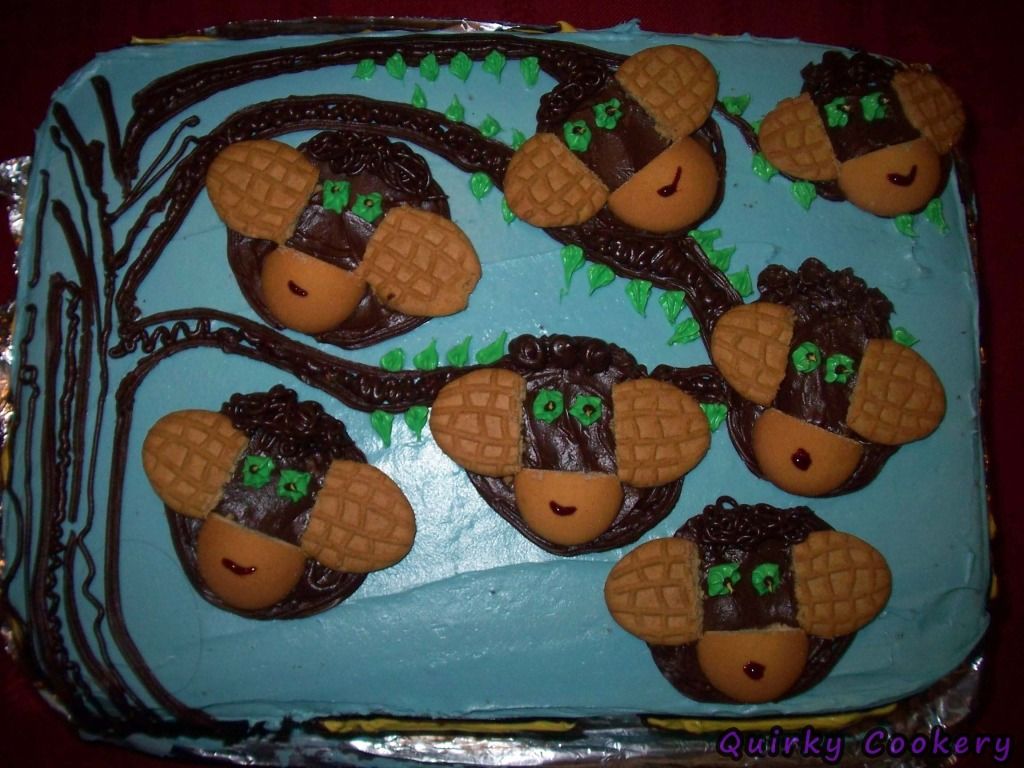 Monkey cake with nutter butters, vanilla wafers, chocolate icing and faces drawn on