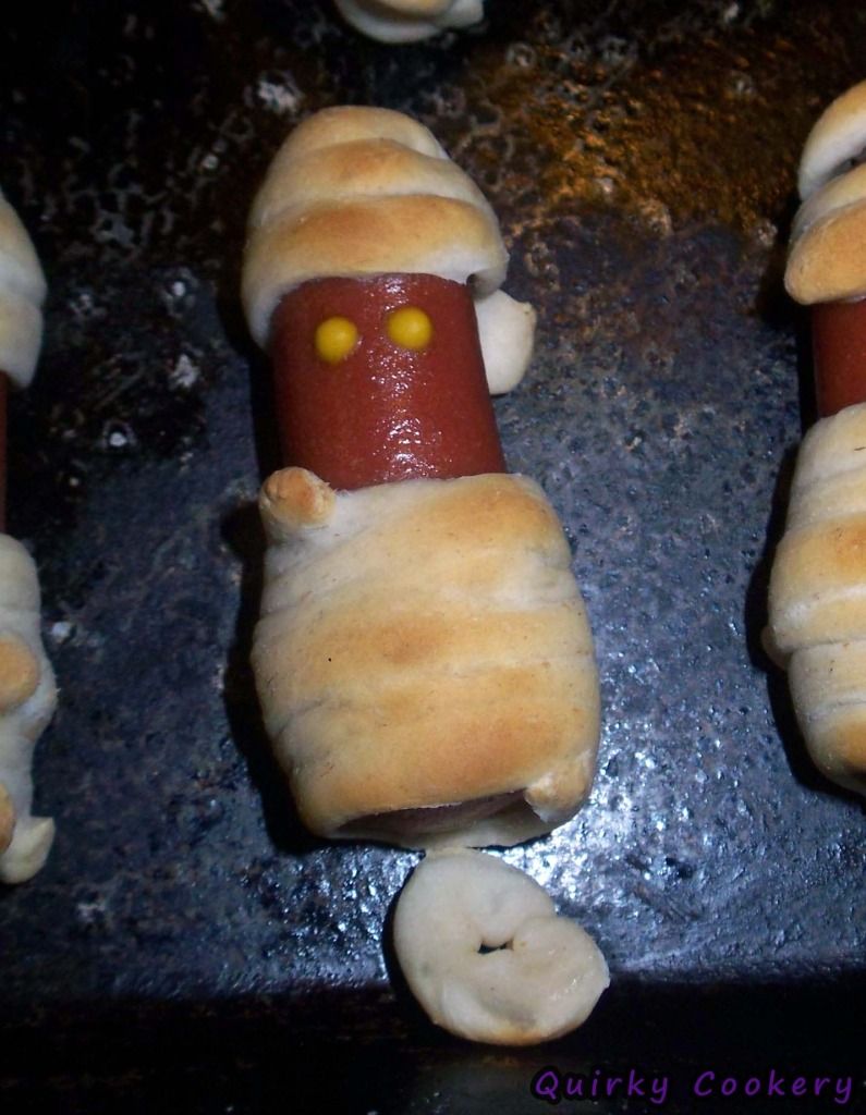 Halloween mummy with biscut dough turban - pigs in blankets