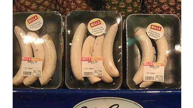 Pre-peeled bananas that are then wrapped in plastic wrap and sold in a store in Austria