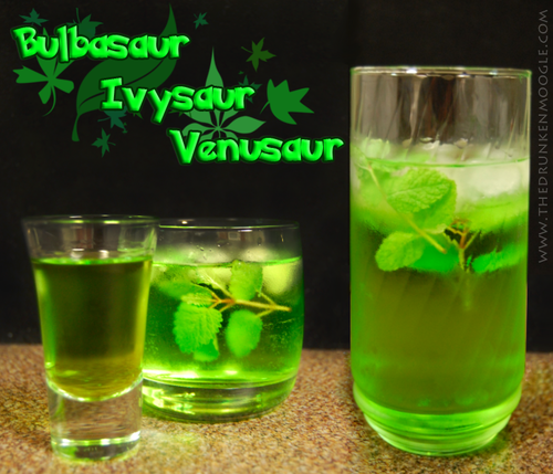 Green Bulbasaur, Ivysaur, and Venusaur cocktail drink recipes using lime vodka, lime juice, melon liqueur, and Sprite