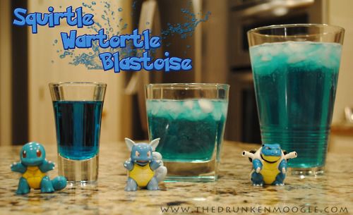 Squirtle, Wartortle, Blastoise cocktails with spiced rum, coconut rum, blue curacao, light rum, and Mountain Dew Voltage