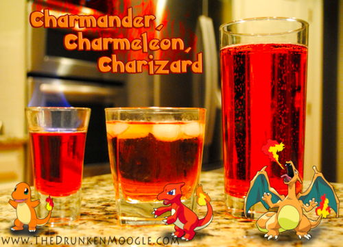 Charmander, Charmeleon, Charizard red cocktail drink recipes using grenadine, fireball cinnamon shiskey, barcardi 151 scotch and ginger ale