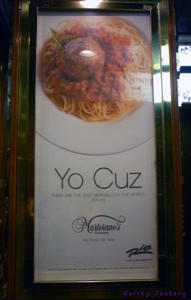 Martorano's Restaurant ad for the Rio in Las Vegas elevator - Says "Yo cuz. These are the best meatballs in the world. Period. My food. My way. Martoranos" with picture of spaghetti and meatball. 