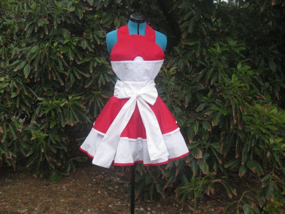 Geeky, nerdy aprons from Darling Army - Pokeball from Pokemon, red and white with bow