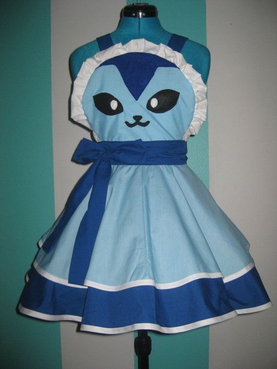 Geeky, nerdy aprons from Darling Army - Vaporeon Pokemon Gijinka, blue with bow and white ruffles