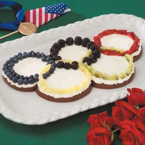 Cookies with icing to look like Olympic rings -  blue, black, red, yellow, green