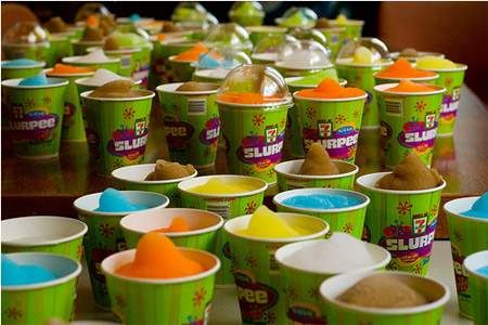 All the flavors of slurpees from 7-eleven gas station convenience stores on National Slurpee Day