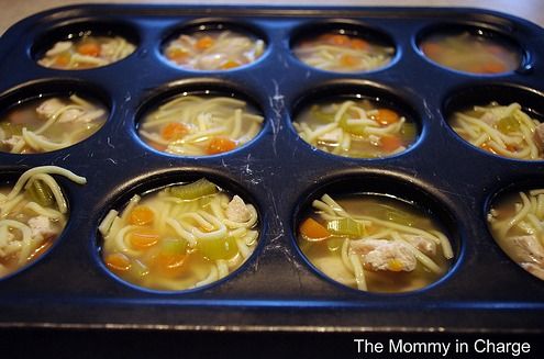 Freeze chicken noodle soup in muffin tins for easy meals for toddlers and lunches