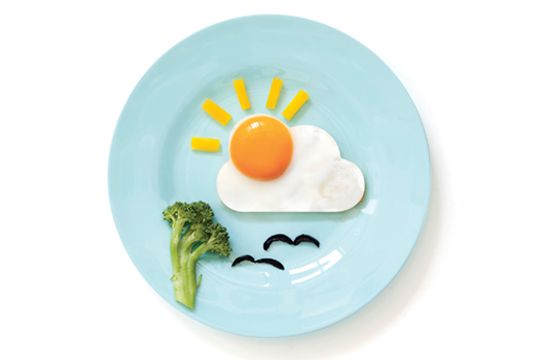 Monkey Business Sunnyside Silicon Egg Shaper - Amazon for $20 - Egg with clouds and cheese as sun rays. Brocoli tree and something for birds. Maybe raisins? 