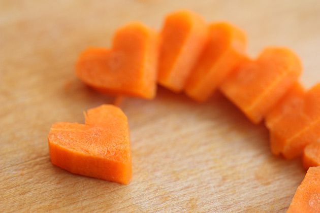 Savory Valentine's Day dishes with heart shaped carrots for soup