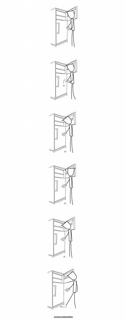 Doghouse Diaries comic where a stick figure drops a piece of ice, looks around, considers picking it up, and chooses to kick it under the fridge instead. 