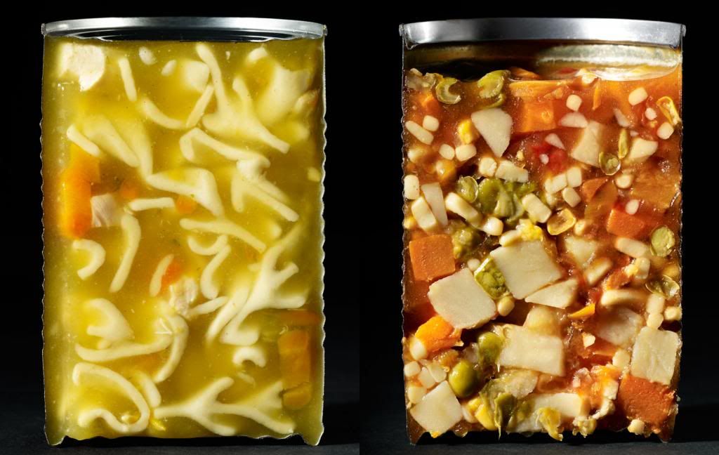 Chicken noodle soup and vegetable soup cut in half. 