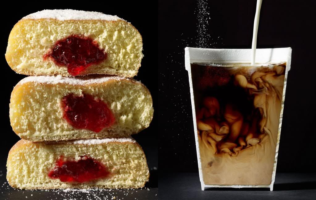 Doughnuts and coffee cut in half after putting gelatin in them to hold their place. 