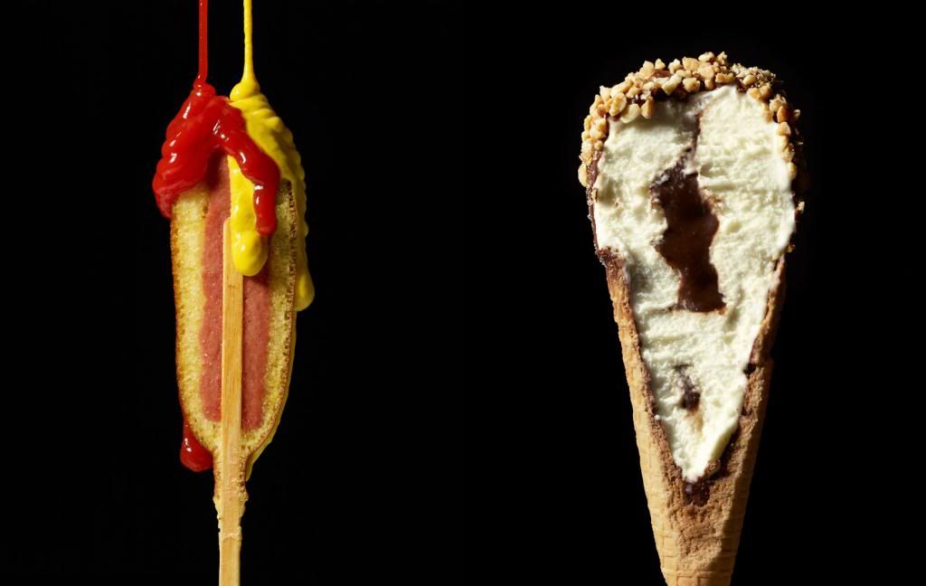 The middle view of a corndog with ketchup and mustard cut in half. An ice cream cone with the chocolate in the middle. 