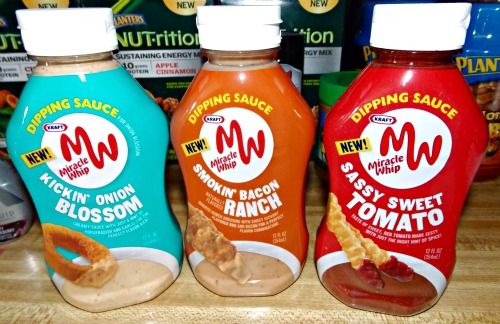 Kraft Miracle Whip dipping sauces - Kickin' Onion Blossom, Smokin' Bacon Ranch (MSG), and Sassy Sweet Tomato