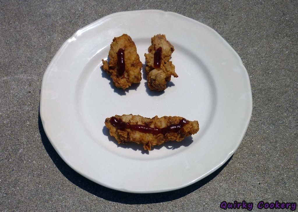 Cracker Barrel style fried chicken strip recipes made to look like a smiley face with barbecue sauce