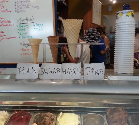 Picture of an ice cream shop storefront with various cone options. They show plain, sugar, and waffle cones. And then at the end, there's a pine cone option, too. 