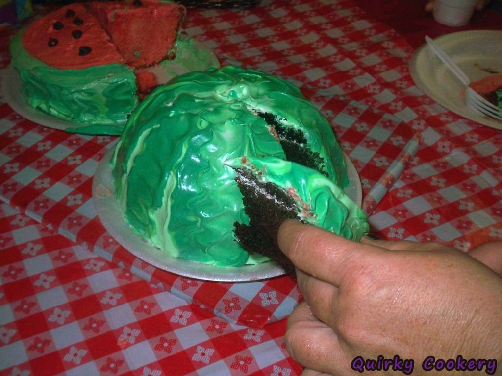 Covered end of watermelon cake with chocolate inside