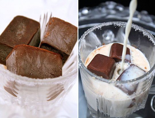 Chocolate ice cubes for cold chocolate milk with coffee or slushie