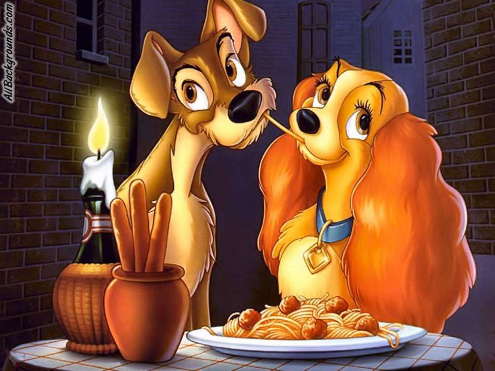 Lady and the Tramp slurping spaghetti and meatballs in a dog romantic movie.