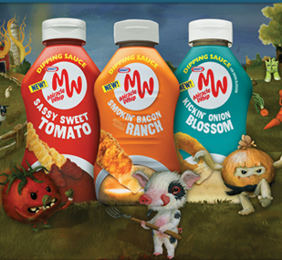 Kraft Miracle Whip dipping sauces - Kickin' Onion Blossom, Smokin' Bacon Ranch naturally flavored, and Sassy Sweet Tomato - killer tomato, farm pig with a pitchfork, and a kickin' karate onion with a black belt