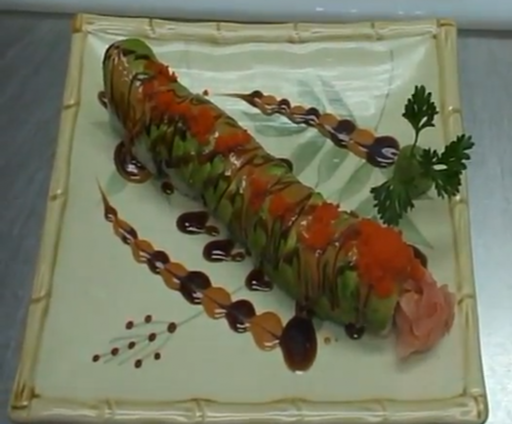 Sushi Caterpillar from The Eatertainment - Avocado, ginger, sushi, rice, vinegar, garnish