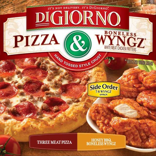 DiGiorno Pizza and Boneless Wyngz* - Wyngz means that there's no real wing meat in it and it's just different parts of the chicken in nugget shapes