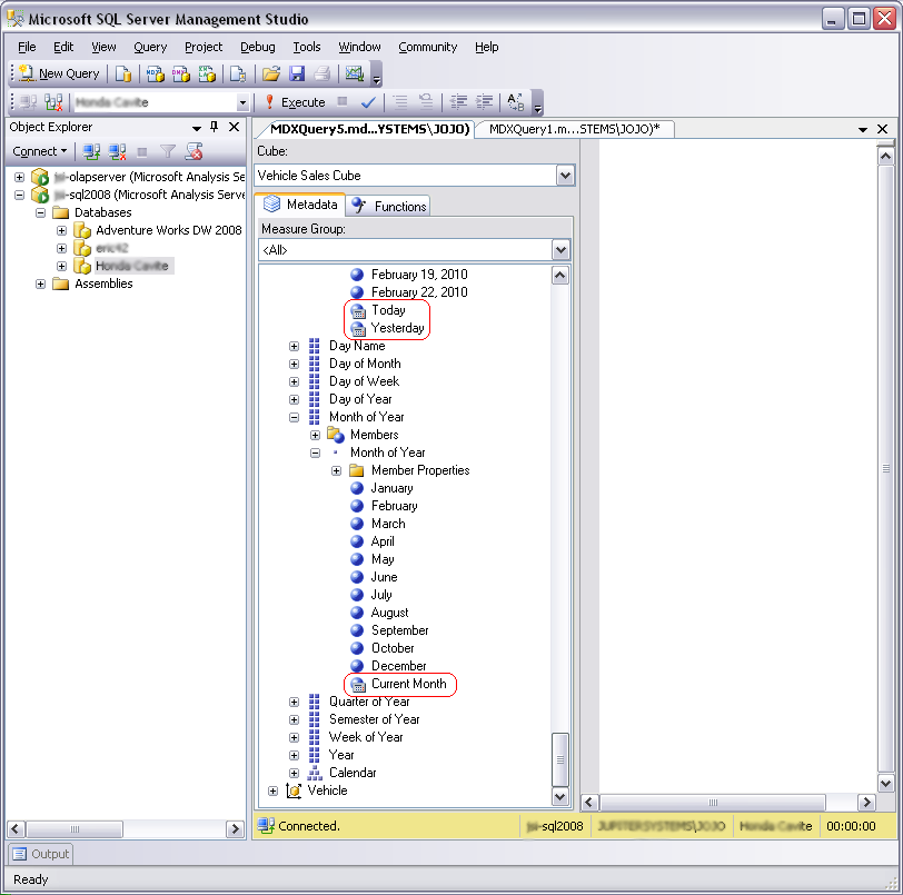 Figure 3: The defined dynamic members shown on SQL Server Management Studio.