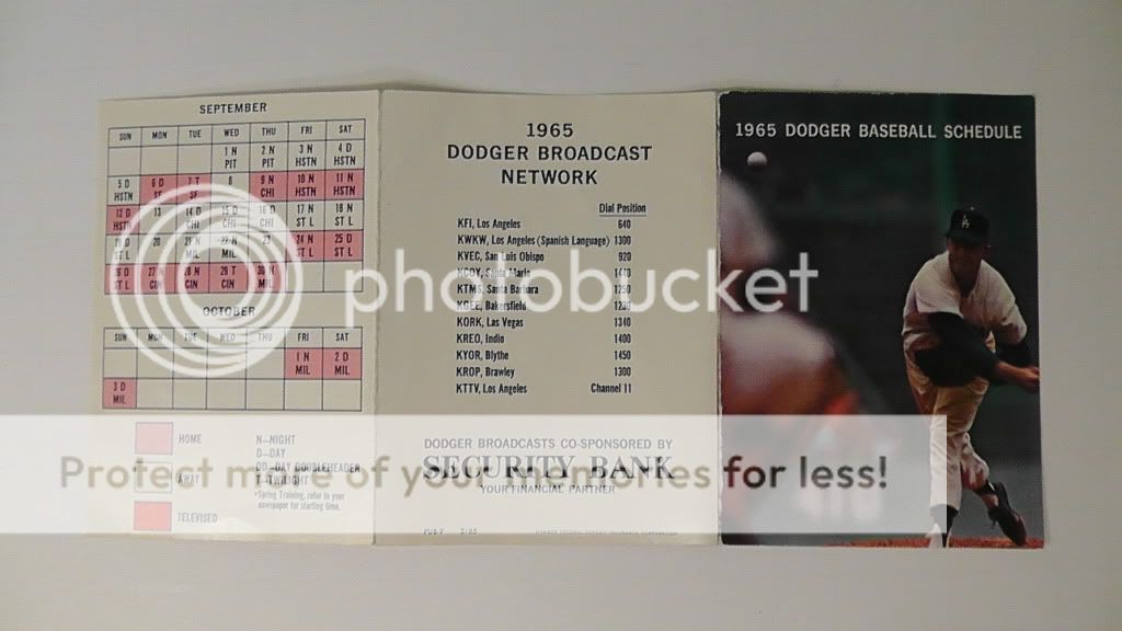 1965 Dodgers Baseball Schedule Vintage World Series Championship Year